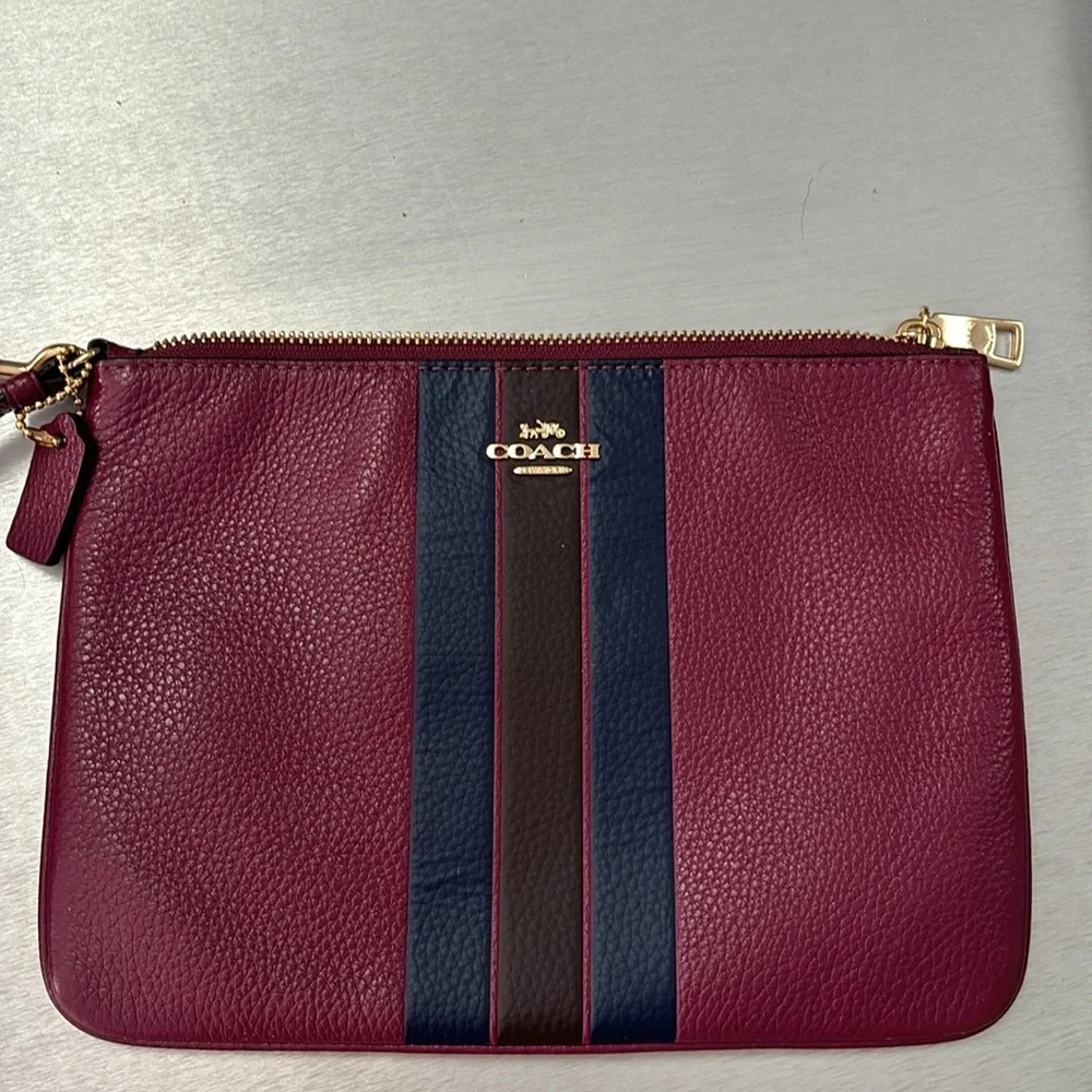 Coach Berry Purple/ Striped Leather Pouch /Wristlet